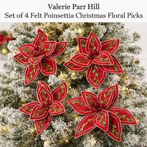 Valerie‎ Parr Hill Set of 4 Felt Poinsettia Christmas Floral Picks Red H223244